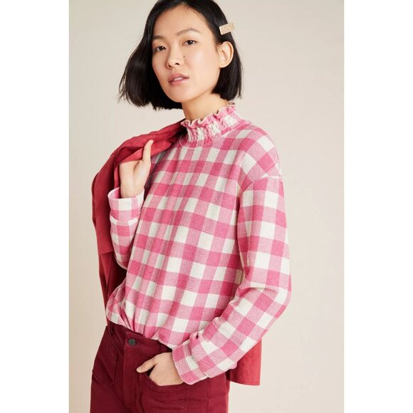 Anthropologie Ruffled Gingham Long Sleeve Pink Cozy Sweatshirt Top Eva Franco - Picture 2 of 5